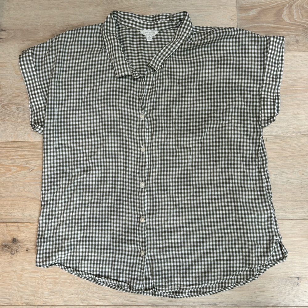 Lucky Brand Olive and White Checkered Button Up Women’s Shirt Blouse Size Large